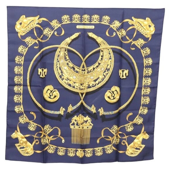 HERMES Carre 90 Scarf ""LES CAVALIERS D'OR"" Silk Navy Auth - Picture 1 of 16